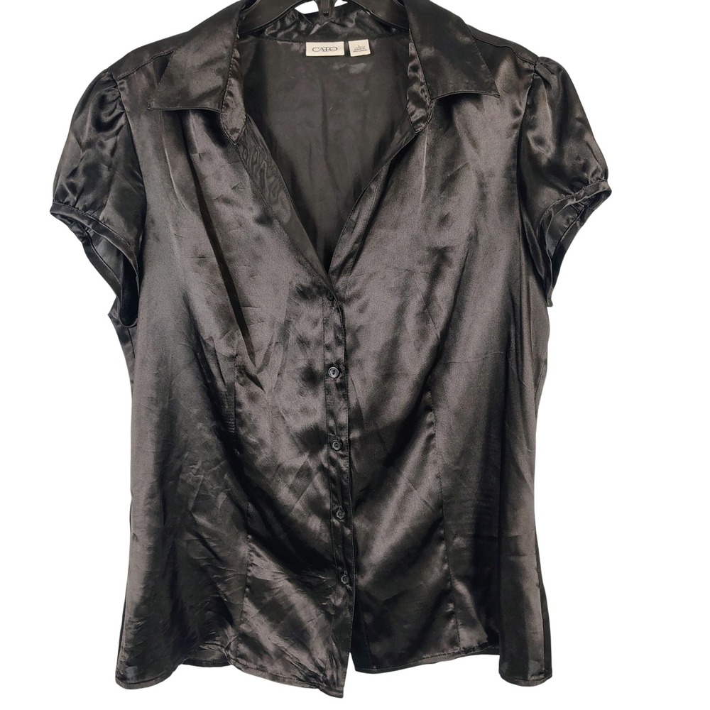 Cato Womens L Short Sleeve Button Down Blouse Black Satin Officecore Y2K